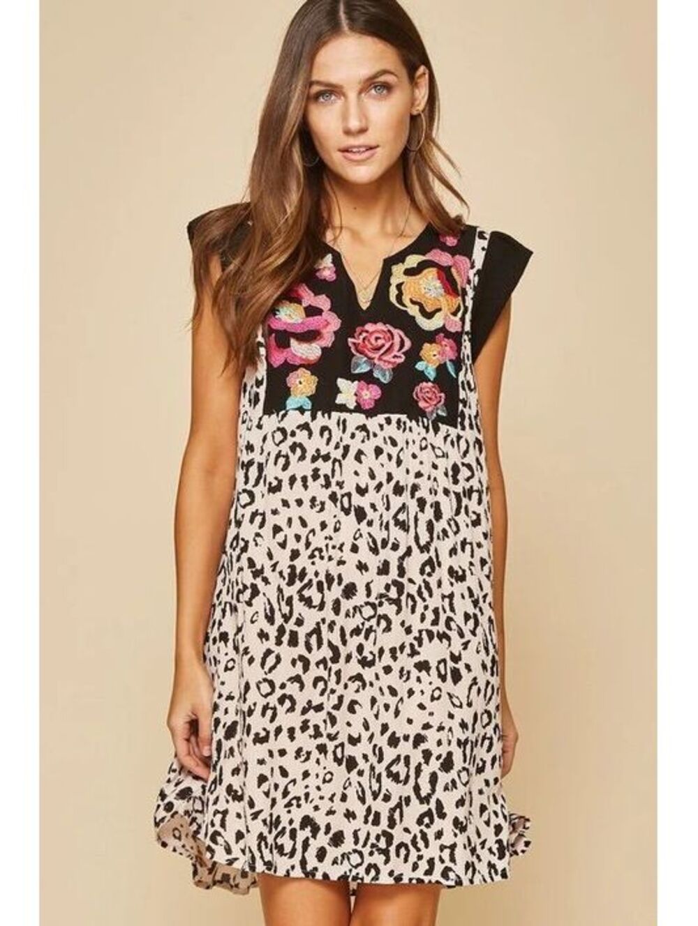 Savanna Jane Lucky in Leopard Embroidered Lined Tunic or Mini-Dress Size S